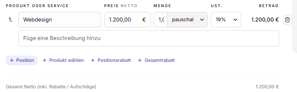 Die Positionszeile in sevdesk mit der Leistung Webdesign, 1.200,00 Euro netto, Menge 1, Einheit pauschal und 19 Prozent Umsatzsteuer.